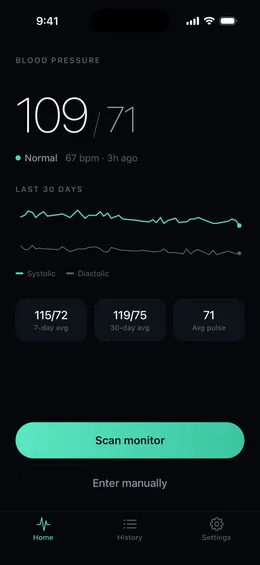 BP AI home screen with the latest blood pressure reading and 30-day trend