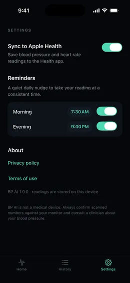 BP AI settings with Apple Health sync and privacy options