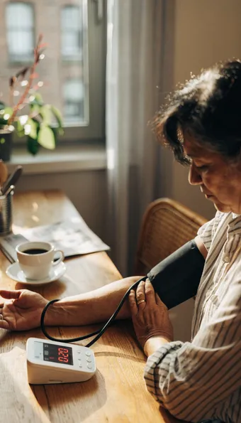 A person taking a home blood pressure reading at the kitchen table